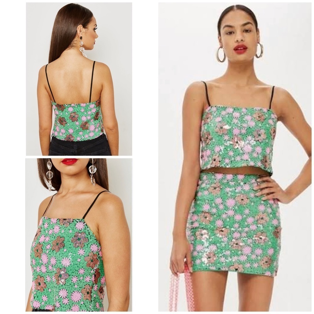 EUC Topshop Beaded Floral Sequin Green Pink Party Cocktail Tank Top 12 L​​​​